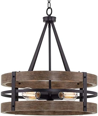 Kira Home Maybrook 23″ 4-Light Modern Farmhouse Chandelier, Black + Reclaimed Oak Style Wood Finish
