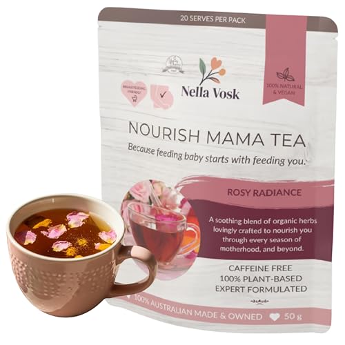 Nella Vosk Nourish Mama Lactation Tea & Postpartum Herbal Tea – Breastfeeding, Pregnancy & Recovery Support withTurmeric, Ginger, Cinnamon, Lemon Myrtle, Peppermint & Rose – Caffeine-Free – Loose Leaf (50gm, Rosy Radiance)