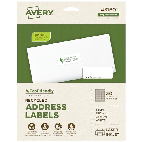 Image of Avery EcoFriendly Recycled Address Labels, 1 inch x 2-5 /8 inch, White, Permanent Label Adhesive, 750 Printable Labels (48160)