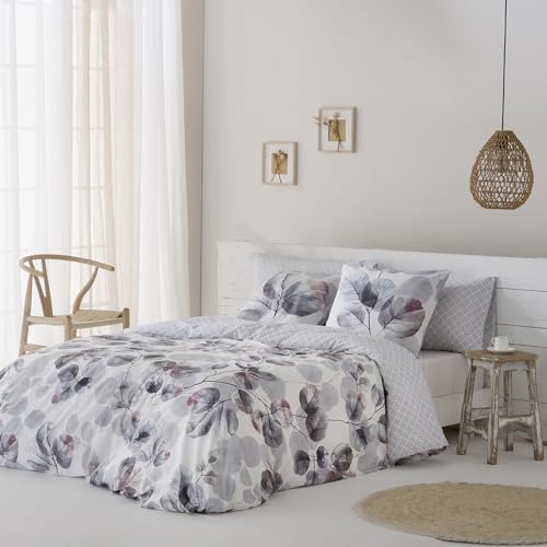 COTTON ARTean Funda Nórdica Cama 135 satén algodón 200 Hilos Reversible Lorna Gris Funda edredón 220x220 + 1 Funda de Almohada CierreBotones