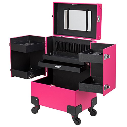 Ollieroo Makeup Train Case Rose-Pink Lockable PU Artist Makeup Cosmetic Train Case with 4 Removable Rolling Wheels and 4 Keys