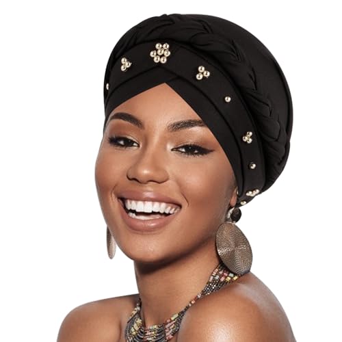 Image of DRESHOW Turban Pre-Tied Twisted Hat Thread African Head Wraps for Black Women Chemo Cancer Cap Braid Hair Cover