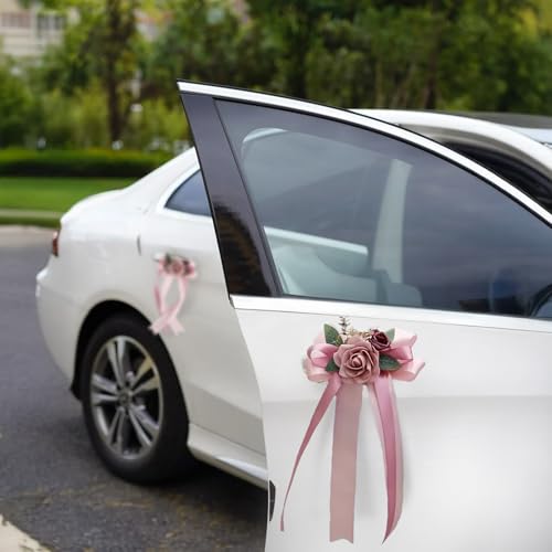 Image of 4PCS Wedding Car Door Handle Decorative Flowers, White Artificial Cars Bouquet Flower Bowknot Ribbon Decor, Just Married Automotive Decorations Accessories for Door Handles( Two Flower Pink)