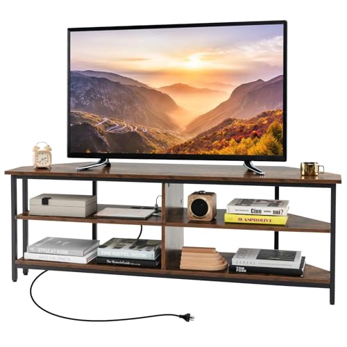 Giantex Corner TV Stand for TVs up to 65”, TV Console Table with AC Outlets, USB A Ports, USB C Port, Metal Frame & Storage Shelves, 140 cm Media Entertainment Center for Living Room (Rustic Brown)
