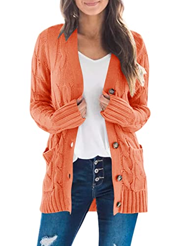 MEROKEETY Women's 2024 Fall Long Sleeve Cable Knit Sweater Open Front Cardigan Button Loose Outerwear Orange