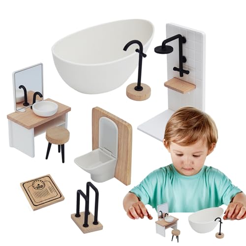 Accessoires de salle de bain pour maison de poupées 1/12 | Set de miniatures en bois pour jouer