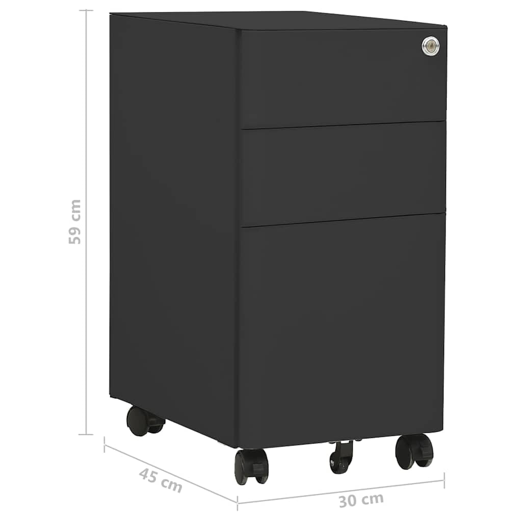Aktenschrank mit Rollen Anthrazit Stahl 30x45x59 cm Büroschrank abschließbar mit 3 Schubladen und Schloss für Hängeregistratur, Rollcontainer mit Fachboden und Schlüssel für Homeoffice