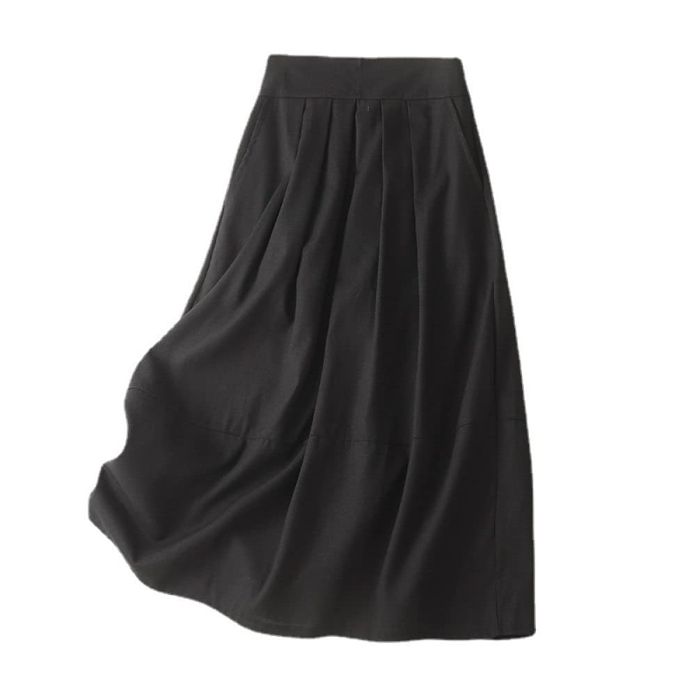 Rock Damen,Damen Maxirock Schwarz Elastische Taille Baumwolle Leinen Knopf Faltenrock Einfarbig Mit Taschen A-Linie Geraffte Lässige Lange Röcke Für Mädchen Damen,L