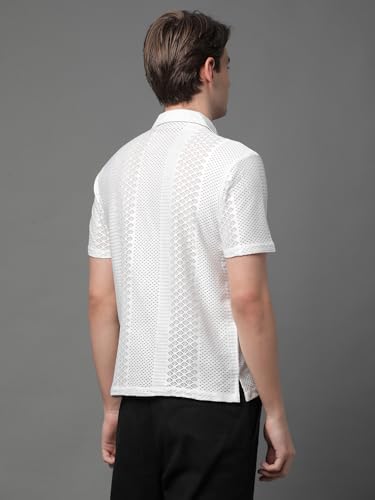 Image of Voroxy Poly Cotton Casual Loose Fit Shirts for Men with Stylish Structural Pattern Office & Formal Shirt with Branded Cuban Collar Style Half Sleeves Comfortable Wear