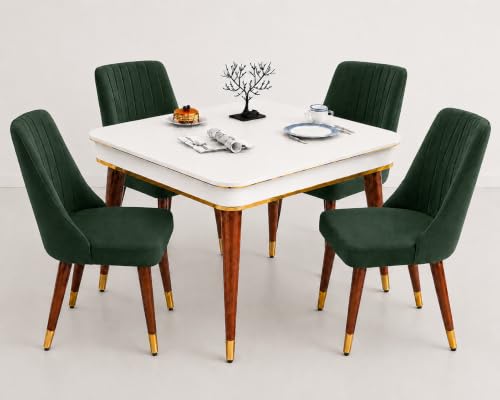 Image of WOODEN SPACE 4 Seater Wooden Dining Table Set | Urban Marble Top Dining Table with Chairs for Dining Room & Kitchen (Modern Frontline Dark Green) (42 x 42 x 30 inch)