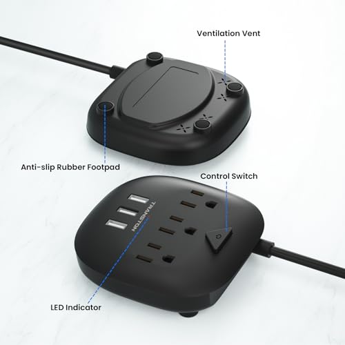 Extensión TRANSTON TTPS01- Black con 3 tomas y 3 puertos USB, control con interruptor, estación de carga de escritorio con cable de extensión de 1.52 m, compacto para noche, oficina y viaje - Negro miniatura 4