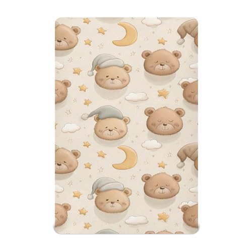Image of Cartoon Bear Head Pattern Crib Sheets Stretchy Portable Sheets for Baby Toddler Breathable Soft Crib Mattress Sheet for Girls Boys