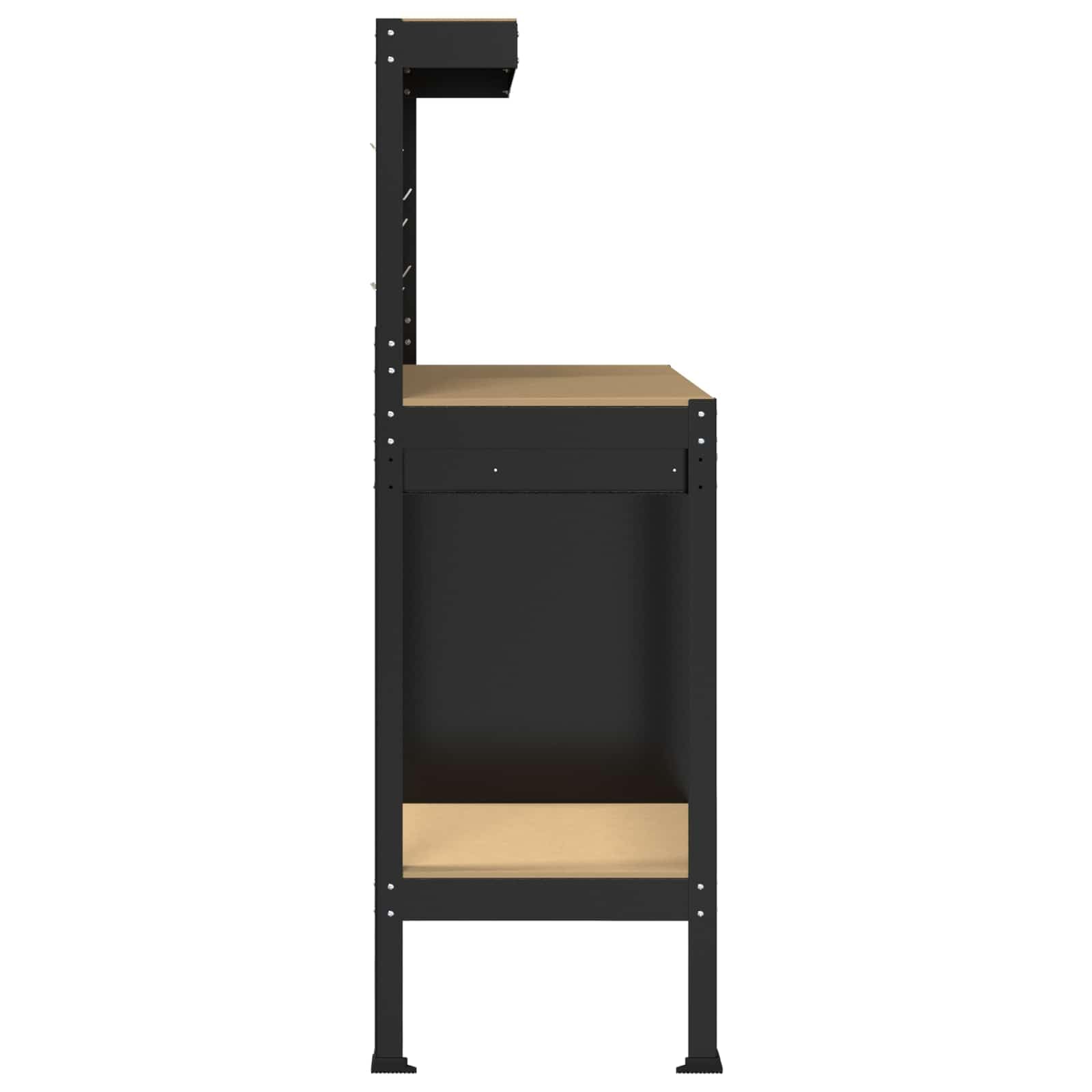 Banco da lavoro nero, 90 x 49 x 141 cm, in compensato e metallo, con cassetto, parete forata, ripiano, sistema di organizzazione stabile per officina, garage, sala hobby, fai da te, spazio per