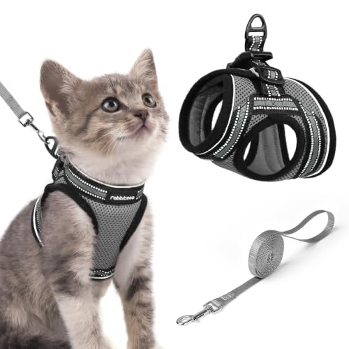 Image of rabbitgoo Cat Harness and Leash Set, Step-in Soft Vest, Grey | Escape Proof, Lightweight, Easy-on & Adjustable, Hook & Loop with Buckle, Reflective, for Kittens & Small Cats Walks, S