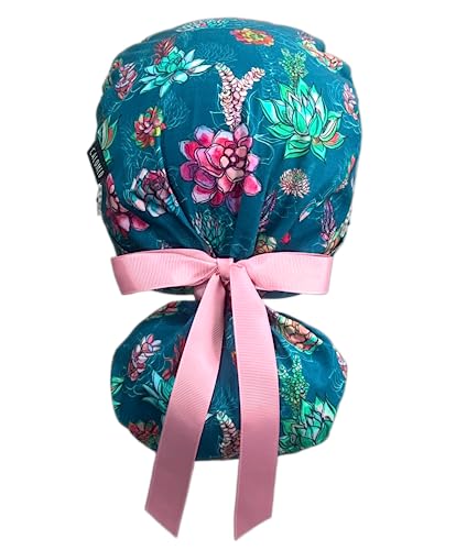 Image of Scrub Cap for Women and Men, Ponytail Scrub Caps, Working Hat, Head Cover with Ribbon Ties and Buttons, Long Hair