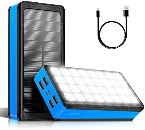 Portable Solar Charger 30000mAh, Solar Power Bank with 4 Outputs & Dual Inputs 32 LEDs Flashlight, Waterproof Charger Fast Charging Battery Pack for Smartphones Tablets Outdoors