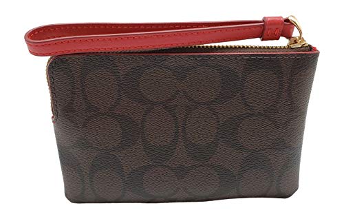 Coach Signature Pvc Leather Corner Zip Wristlet (Brown True Red), 6.25 #TOP1