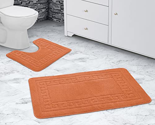 La Maison Bathroom Rug Set 2 Piece Greek Key Scroll Non Slip Bath Mat and Pedestal Mat Set Quick Dry Shower Bath Super Soft Toilet Mat Set (Orange)