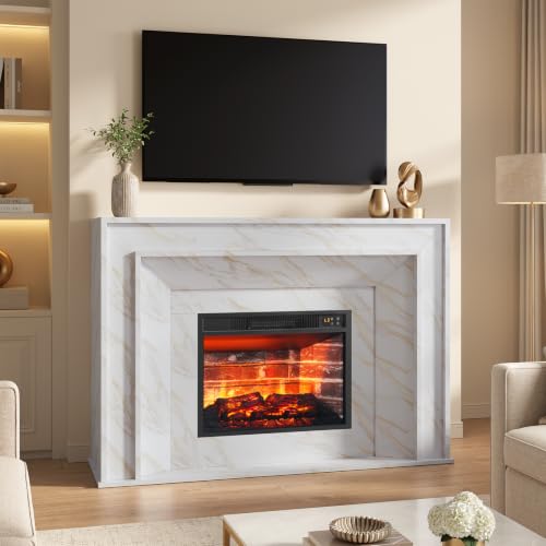 51" Modern White Marble Electric Fireplace Mantel with Gold Veins