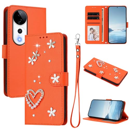 Jiajihua Case Compatible with Vivo V40 / V40 Pro,Compatible with Vivo S19 Pro / T3 Ultra Lanyard【Card Holder Wallet Flip Cover Magnetic Buckle Kickstand】 Orange