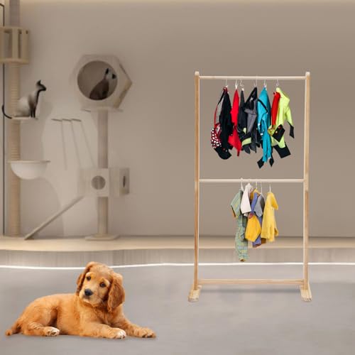 KHROOLT 2-Tier Solid Wood Pet Clothing Display Stand, 43.3" Height Natural Log Color Garment Rack for Small Dog Cat Clothes, Adjustable Rod for Towels, Boutique Store & Home Storage Organizer