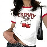 Pink Bow Cherries Shirt Women Coquette Tops Clean Girl Aesthetic Shirts Casual Retro Short Sleeve Tshirt Crop Top