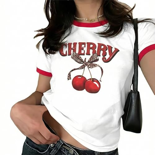 Pink Bow Cherries Shirt Women Coquette Tops Clean Girl Aesthetic Shirts Casual Retro Short Sleeve Tshirt Crop Top