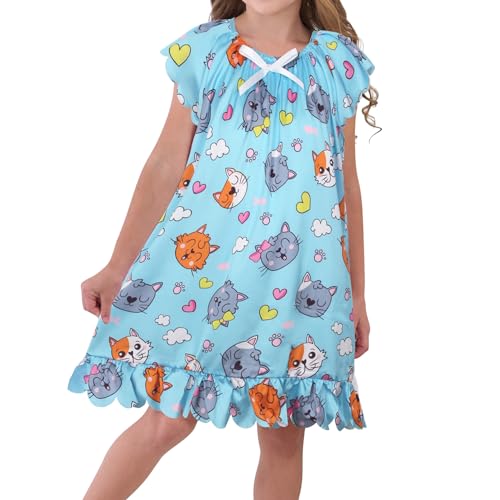 JESKIDS Girls Satin Nightgowns Silk Nightdress Pajama Clothes Blue Cute Cat 4-5T