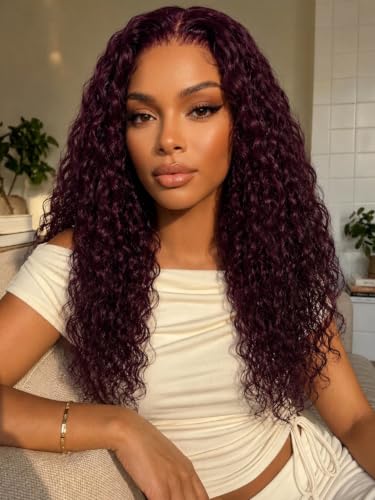Image of KLAIYI Bye Bye Slip Black Cherry Water Wave Pre Everything Glueless 13x4 Lace Frontal Wigs Human Hair Burgundy Drawstring Curly Pre Plucked Bleached Knots 3S Ready to Wear and Go Beginner Wig 24Inch