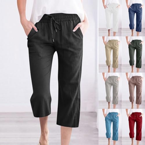 Generic Capri Pants for Women 2024 Summer Casual Drawstring High Waist Linen Pants Straight Wide Leg Capris Cropped Trousers4
