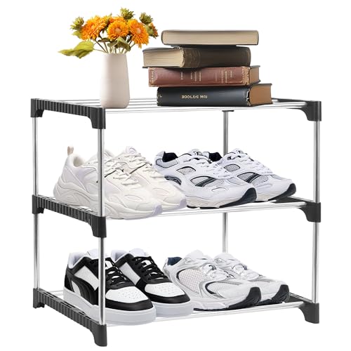 Wsetyy Small Shoe Rack, 3 Tier Stackable Shoe Rack for Small Spaces, Narrow Slim Shoes storage Organizer, Black Freestanding Shoe Stand for Hallway Bedroom Wardrobe, Quick Assembly