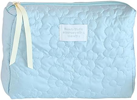Juoxeepy Cotton Makeup Bag Large Travel Cosmetic Bag Quilted Cosmetic Pouch Coquette Aesthetic Floral Toiletry Bag, A-Beige, 10x5.9x5.3in