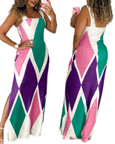 CHICME Maxi Dresses for Women Strap Square Boho Dress-Pink-L