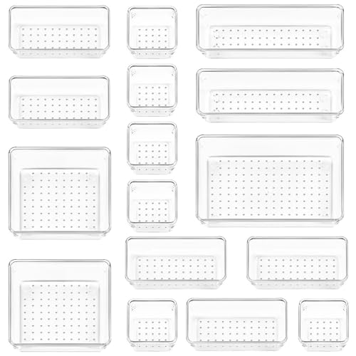 KITDAHOM 16 pezzi Inserto per cassetti - organizer plastica - plastica trasparente - sistema di organizzazione per cassetti - 4 dimensioni - per scrivania, ufficio, cucina, bagno
