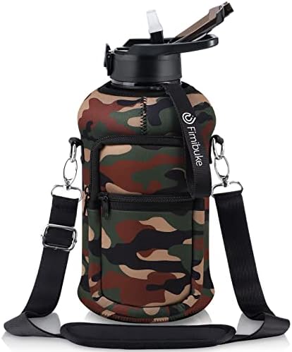 Fimibuke Half Gallon Water Bottle with Sleeve 64 OZ Water Bottle with Handle & Straw Leakproof Motivational Sport Gym Water Bottle with Time Marker BPA Free Water Jug with Neoprene Holder - Green Camo