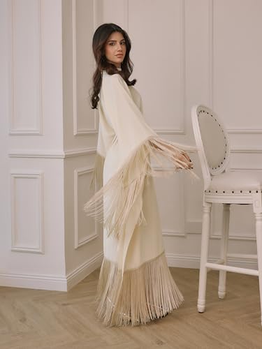 CIDER Maxi Dress Fringe Knotted Stand Neckline Long Sleeve Middle Waist Oversized Fit Casual Vacation Elegant Dress4