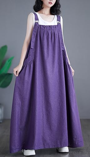 Image of Women's Casual Loose Denim Dress Sleeveless Adjustable Straps Denim Jumper Dress with Pockets
