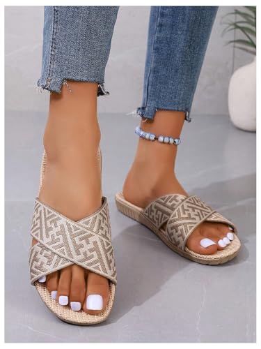 OYOANGLE Women's Graphic Print Criss Cross Strap Linen Slippers Open Toe Slip On Flat Slides Soft Comfy Home Shoes4