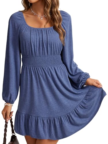 Image of Vrtige Women's Square Neck Long Sleeve Shirred Waist A Line Ruffle Hem Casual Party Mini Dress