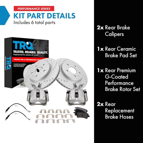 Image of TRQ Performance Rear Brake Pad and Rotor Set Ceramic Slotted Drilled Coated Rotors Calipers Compatible with 2014-2015 Chevrolet Malibu 2016 Malibu Limited