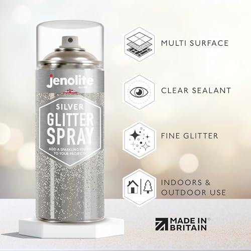 JENOLITE Glitzerspray Farbe | Silberglitzer in klarem Versiegelungslack | 400ml | Klarlack mit feinem Glitzer | Mehrflächenanwendung | Ideal für Bilderrahmen, Spiegel, Ornamente & Bastelprojekte