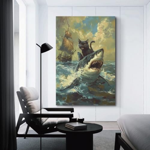 Cuadros estéticos de gato y tiburón de 20x30" para dar un toque divertido al dormitorio actual 3