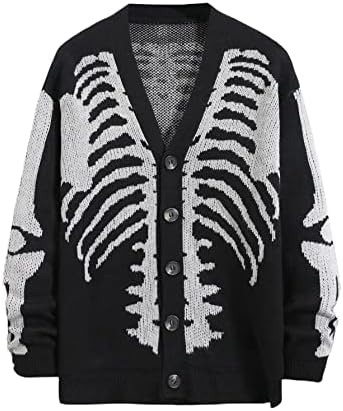 SHENHE Men's Skeleton Pattern Cardigan Sweaters Long Sleeve Unisex Outwear Knitted Coats, Black, L
