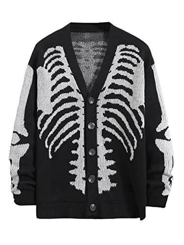 Shenhe Men's Skeleton Print Long Sleeve Cardigan Sweaters V Neck Button Down Outwear Coats Black M #TOP1