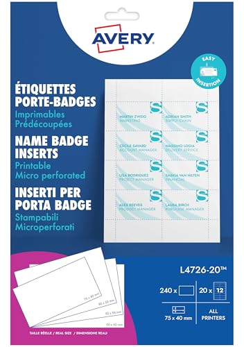 Avery - Avery – 240 inserts imprimables pour badges 75x40 mm – cartes blanches en papier 190 g/m² – format standard carte de visite – impression laser et jet d’encre – personnalisables L4726-20