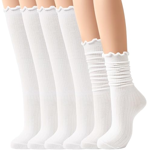Jeasona Women White Ruffle Socks Slouch Scrunch Cute Frilly 6 Pairs Lightweight Breathable Knee High Long Cotton Stockings Dress Boot Ruffled Socks Fashion lace Footwear for Women Teen Girls Gifts