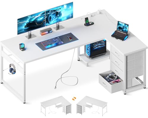 Image of AODK L Shaped Gaming Desk with 4 Drawers, 61 inch Reversible Home Office Desks with Power Outlets, L Shaped Computer Desk with USB Charging Port and Host Stand, Corner Desk, Easy to Assemble, White