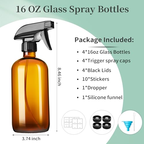 16oz Amber Glass Spray Bottles,4 Pack Glass Spray Bottles Refillable Empty Bottle with Adjustable Nozzle,Spray Bottle for Cleaning,Essential Oils,Cleaning,Pets,Plant, Hair Mister2