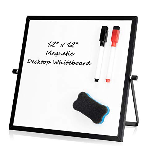 Small Magnetic Dry Erase Whiteboard â€“ Mini Desktop Portable Easel Dry Erase White Board for Students Double Side to Do List Dry Erase Board with Stand for Office, School, Home 12 x 12 inches