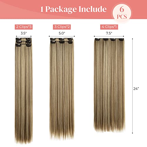 Clip In Hair Extensions，Lonai 6Pcs Straight 24" Hair Extensions For Women，Heat Resistant Synthetic Hairpiece-Cool Brown With Blonde Highlights #TOP2
